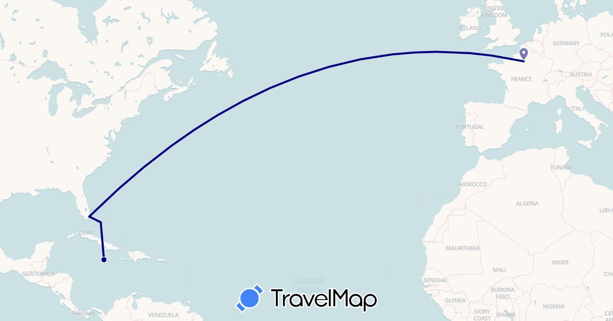 TravelMap itinerary: driving in Bahamas, France, Jamaica, United States (Europe, North America)
